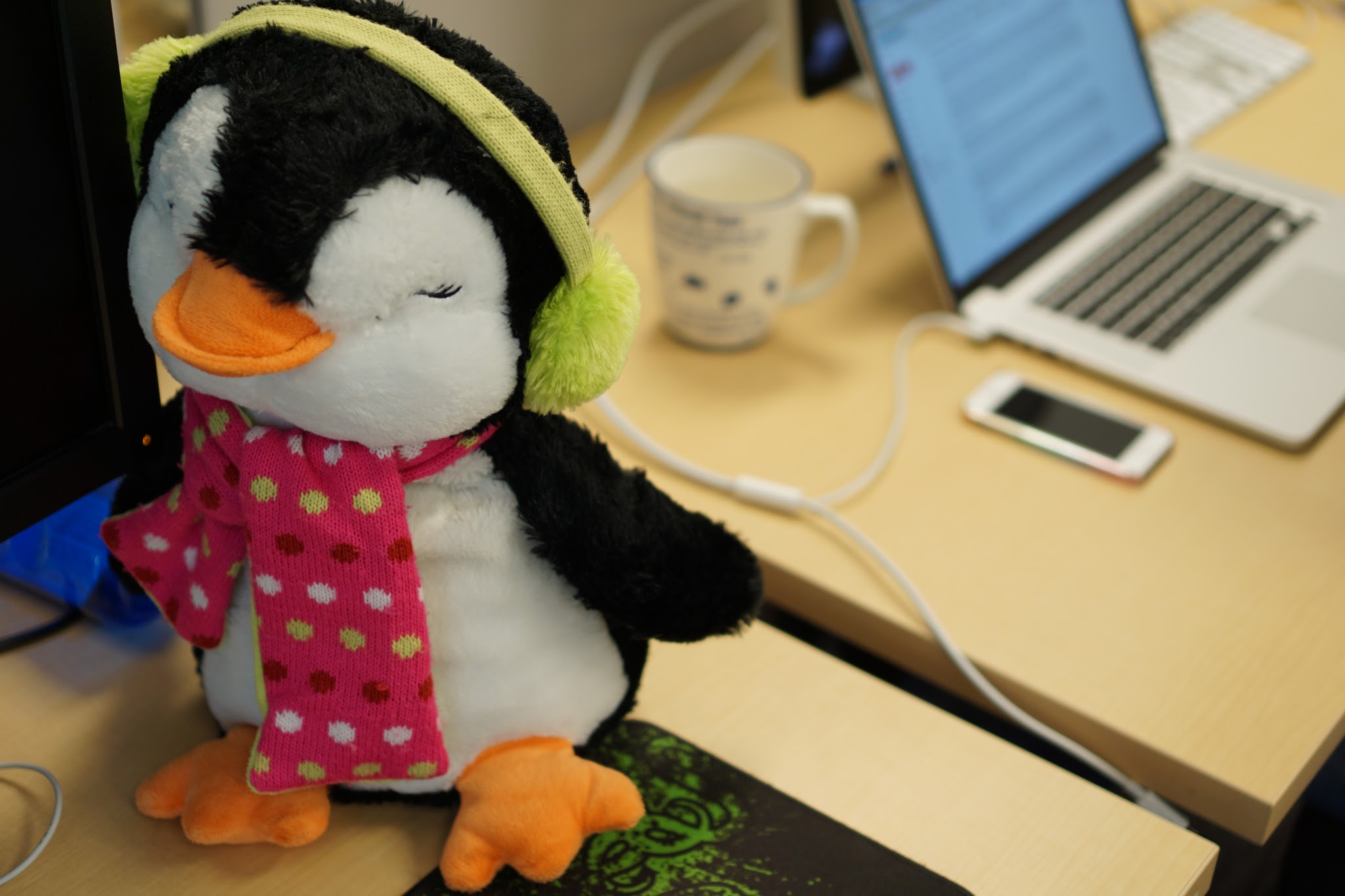 teammate’s penguin with headphones plushie